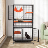 COZIVVOVV Large Cat Cage Indoor, 4-Tier Cat Enclosure Indoor with Hammock Bed, Cat Crates with 2 Ladders, Durable Wire Mesh Catios for Cats, Pet Cages for Cats with Wheels, Black COZIVVOVV