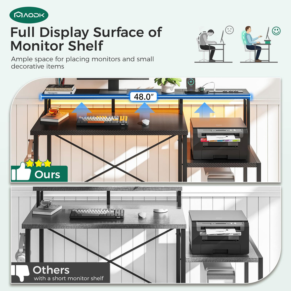 AODK Computer Desk, 48 Inch Gaming Desk with Led Lights & Power Outlet, Office Desk with Printer Storage Shelves, Reversible Desk with Monitor Shelf & Headphone Hook, Carbon Fiber Black AODK
