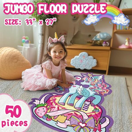 Large Shimmery Unicorn Floor Puzzle for Kids Ages 4-8, 45+ Pieces Large Jigsaw Puzzle for Kids&Toddler Ages 3 4 5 6 7 8, Educational Puzzels Unicorn Toys for Girls Unicorn Christmas Birthday Gift Wings Giant