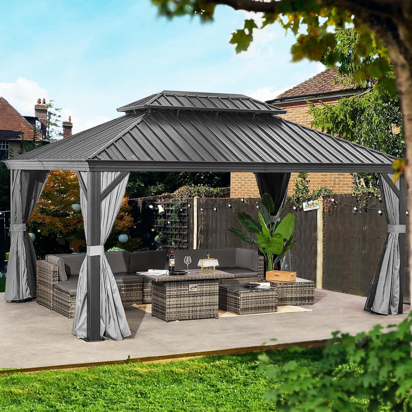 oneinmil 12x16FT Outdoor Gazebo, Heavy Duty Metal Double Roof Hardtop Gazebo with Aluminum Frame and Netting and Curtains for Patios - WoodArtSupply