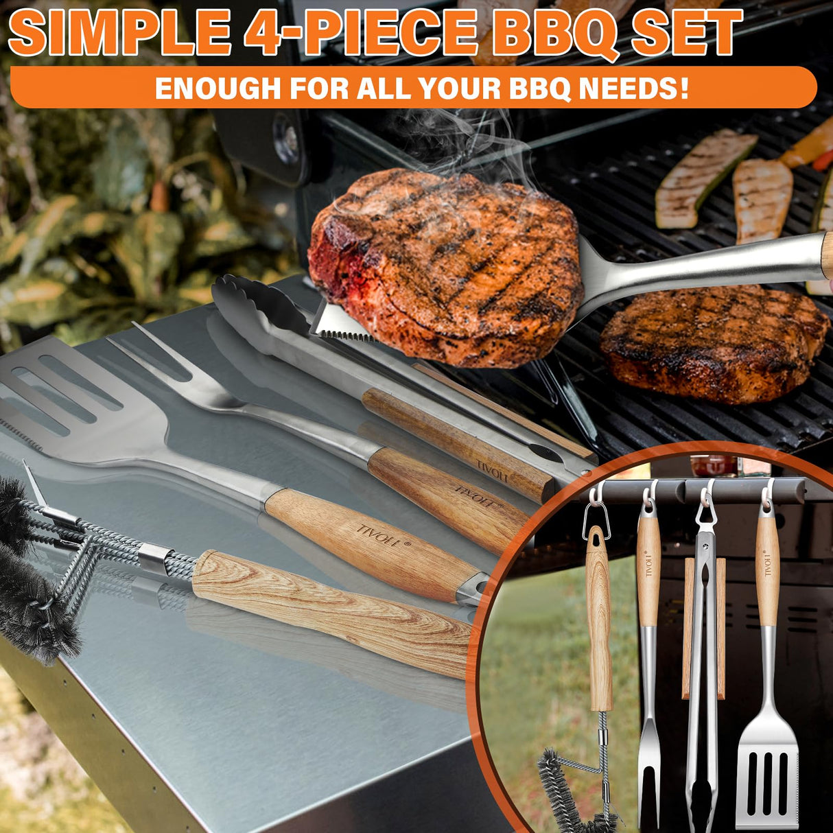 TIVOLI Grill Set 4PC BBQ Tools Set Grill Accessories with BBQ Spatula, BBQ Clips, Brushes, BBQ Forks Heavy Duty Grill Kit Grill Tools for Outdoor Grill with Wood Handles Gift Ideas for Dad Man TIVOLI