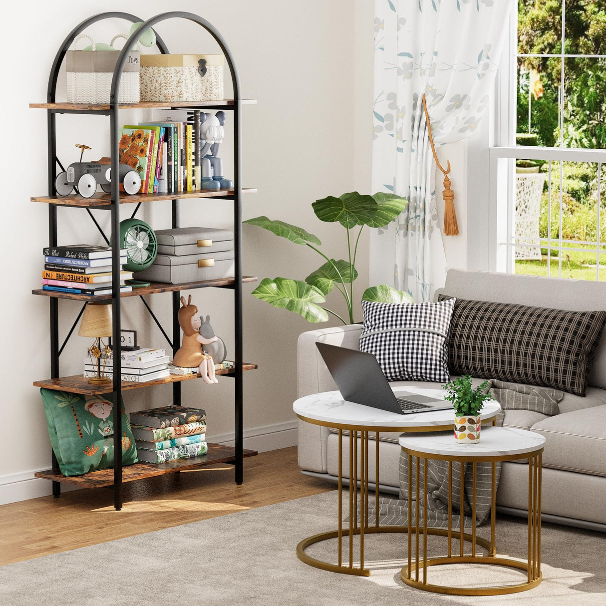 Arbuxzuy Arched Bookshelf 5 Tier Book Shelf, 31.5 Inch Width Industrial Arch Bookcase, Curved Tall Bookshelf with Open Shelves for Home Office, Living Room, Bedroom, Rustic Brown Arbuxzuy