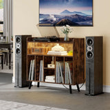 YITAHOME Record Player Stand with Power Outlets and LED Lights Holds Up to 130 Albums, Record Player Table with Storage, Vinyl Record Storage with Solid Legs for Living Room, Bedroom, Grey YITAHOME