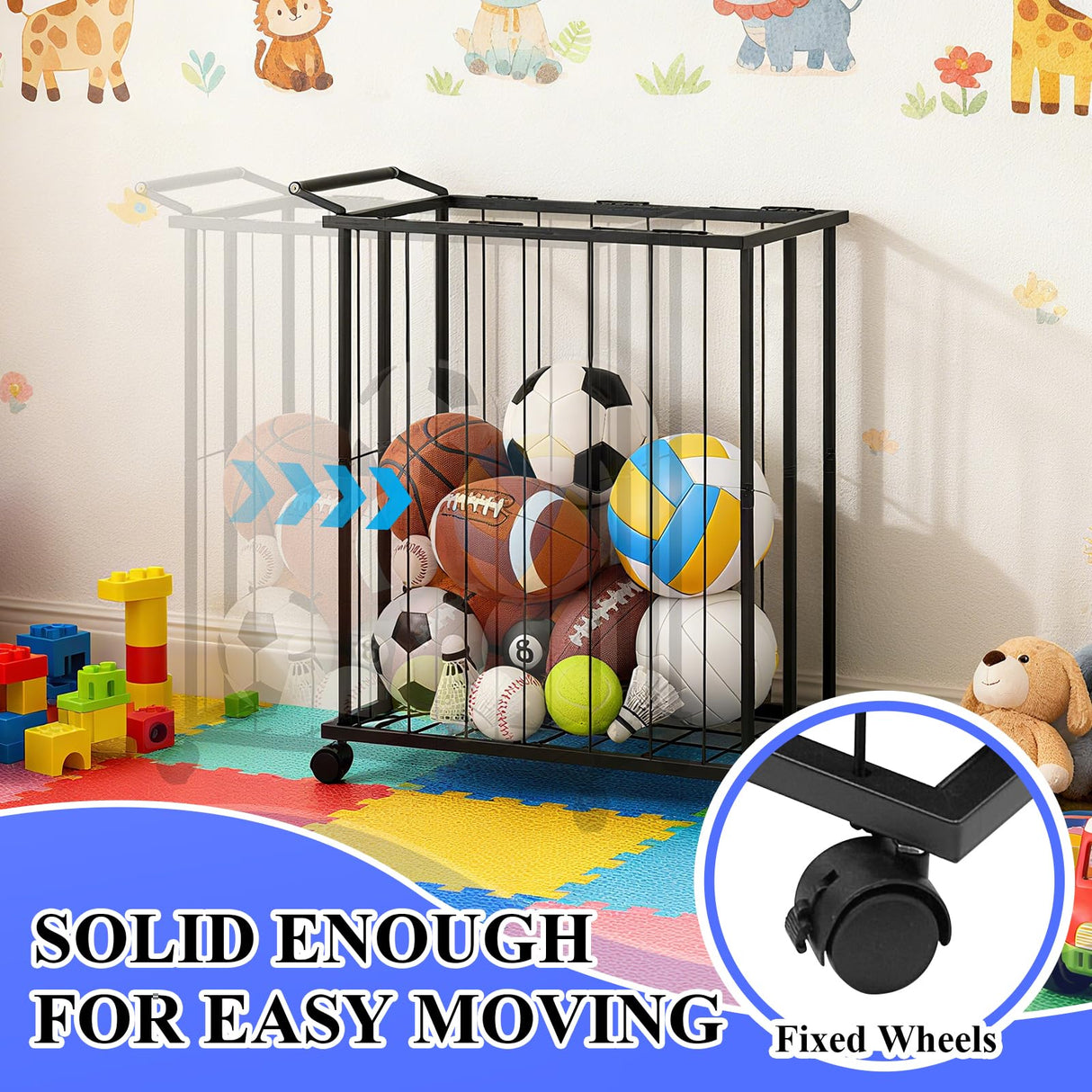 URMMIY Large Garage Ball Storage Rack with Wheels–Rolling Sports Equipment Organizer Freestanding Ball Holder for Basketball Soccer Volleyball Football–Sports Ball Storage for Garage Gym School Home URMMIY