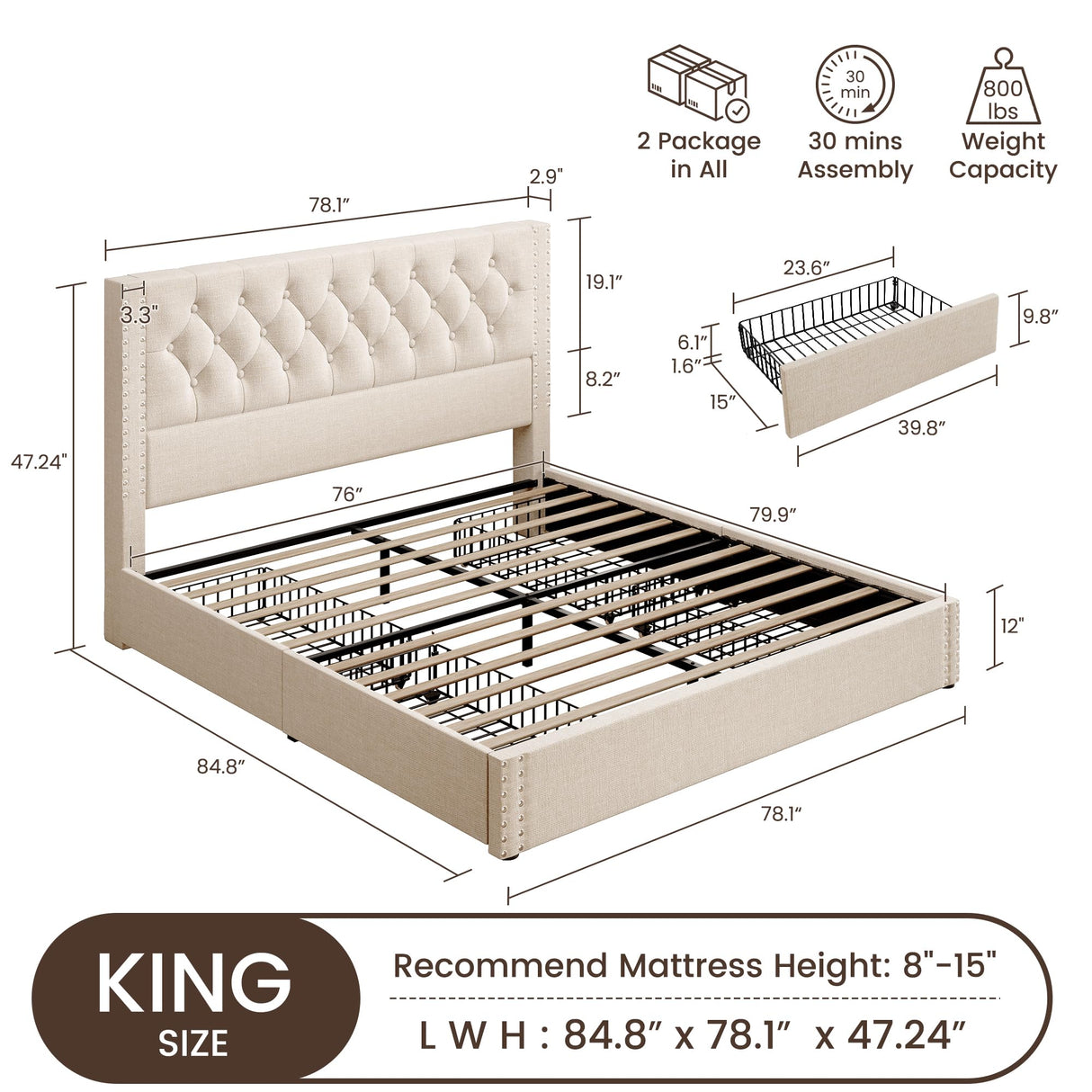 BRELTAM King Size Bed Frame with 4 Storage Drawers and Tufted Headboard Linen Upholstered Platform Bed Frame with Heavy Duty Wood Slats, No Box Spring Needed, Beige BRELTAM