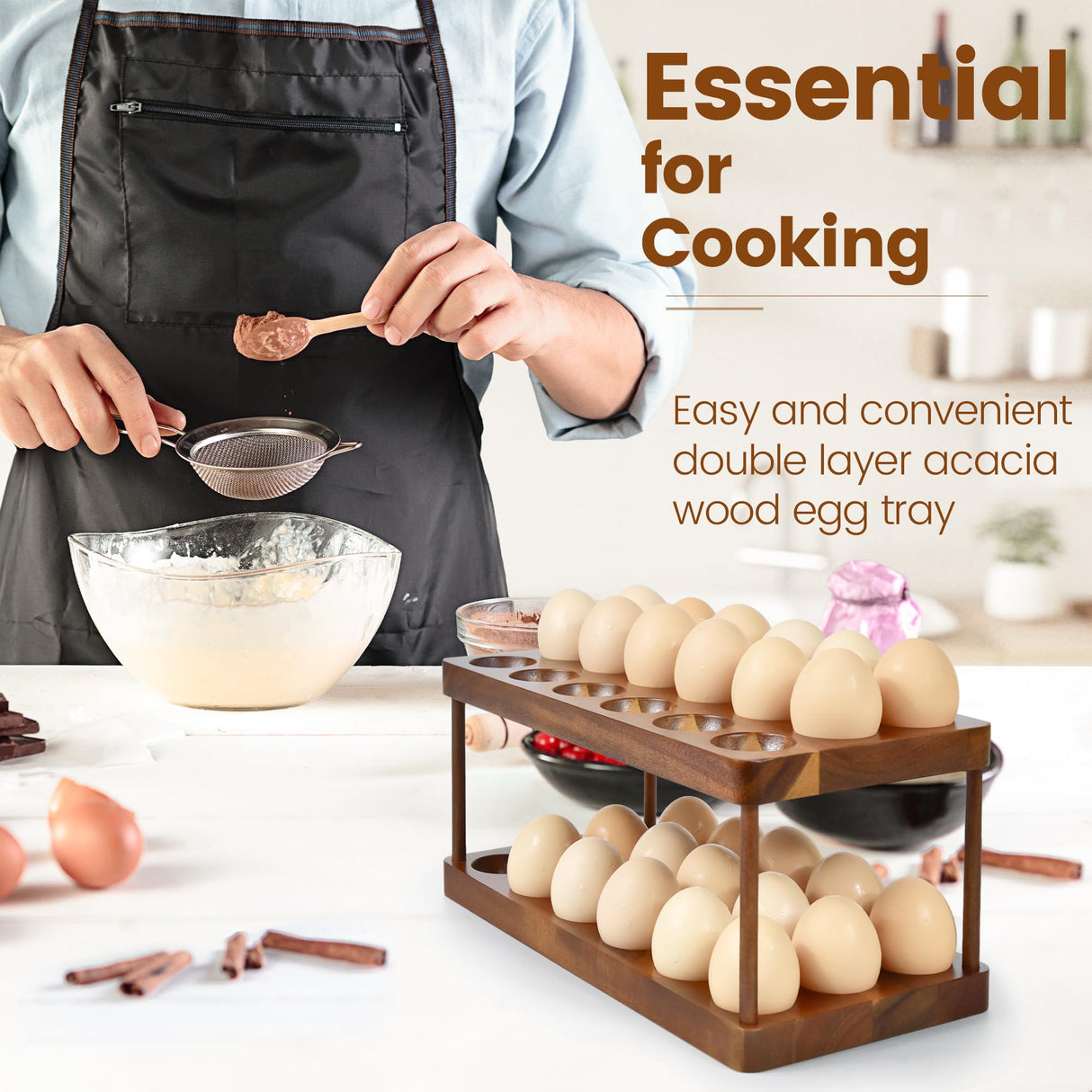 Wooden Double Layer Egg Holder - Farmhouse Kitchen Acacia Egg Tray Organizer - 2 Tier Fresh Egg Storage Rack Basket for Countertop, 36 Capacity Sishynio