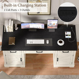 Vabches Executive Desk with Storage Drawers, Farmhouse Office Desk with Charging Station Wood Computer Desk with Ample Storage Cabinet, Rustic Home Wrting Desk with Drawers for Office, White Vabches