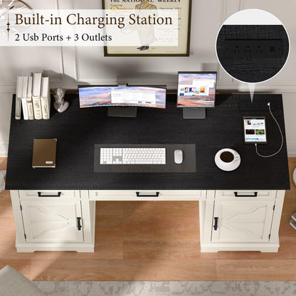 Vabches Executive Desk with Storage Drawers, Farmhouse Office Desk with Charging Station Wood Computer Desk with Ample Storage Cabinet, Rustic Home Wrting Desk with Drawers for Office, White