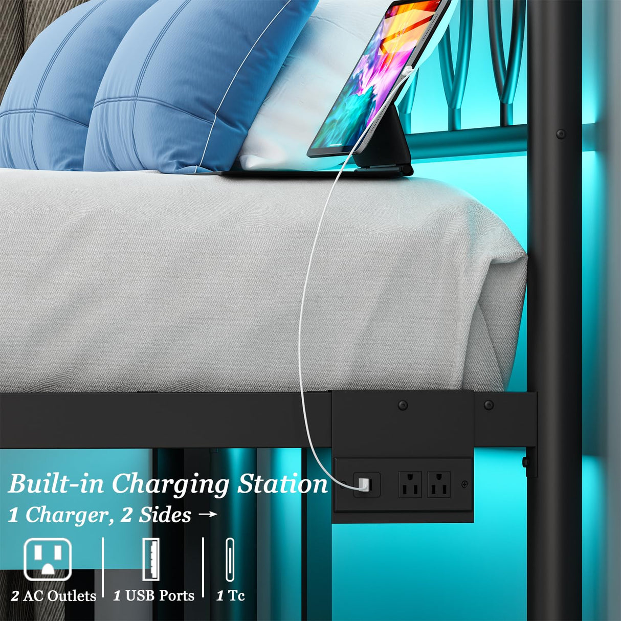 Samurbex Full Size Bed Frame with Headboard,Black Metal Platform Bed Frame Full Size with Charging Station & LED Lights,12-Inch Under Bed Storage,No Box Spring Needed,Noise Free,Easy to Assemble Samurbex