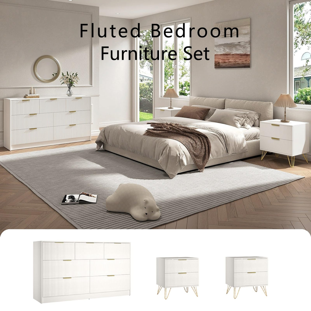 Sscaktu 7 Drawer Dresser and Nightstand Sets for Bedroom, 3 Pcs Bedroom Set，Night Stand Set of 2 & 7 Drawer Dresser with Gold Handles, Modern Wood Chest of Drawers Storage Cabinet Set, White Sscaktu