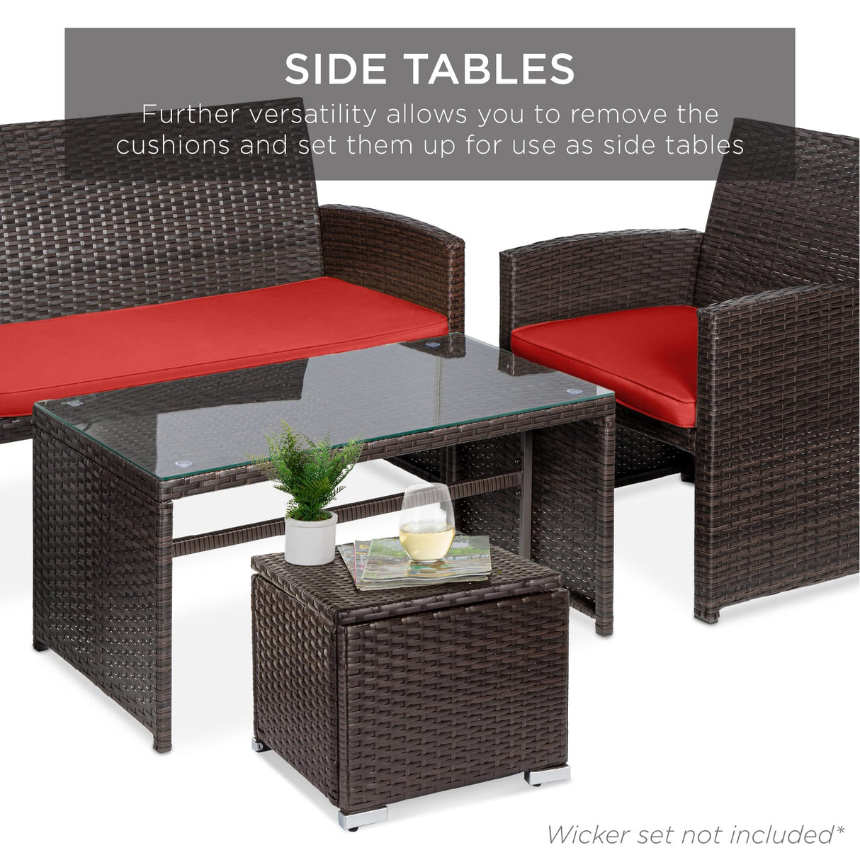 Best Choice Products Set of 2 Wicker Ottomans, Multipurpose Outdoor Furniture for Patio, Backyard, Additional Seating, Footrest, Side Table w/Storage, Removable Cushions - Red/Brown Best Choice Products