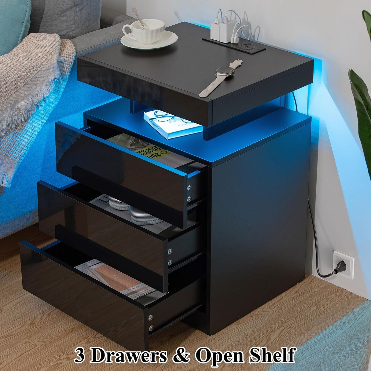 HOMMPA LED Nightstand with Wireless Charging Station & USB Ports, 3 Drawer Night Stand with LED Light RGB Adjustable Brightness, Smart Nightstand High Gloss Bedside Table for Bedroom Black HOMMPA
