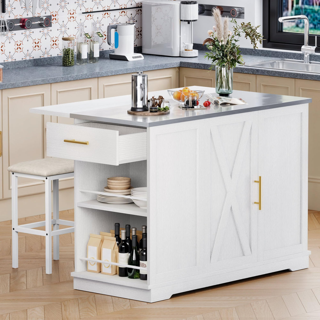 YITAHOME Kitchen Islands with Seating, 47" Mobile Storage Island with Drop Leaf, Rolling Island Table with Tilt Out Trash Can Cabinet, Home Bar Table Include 2 Chairs, Side Spice Rack & Drawer, White YITAHOME