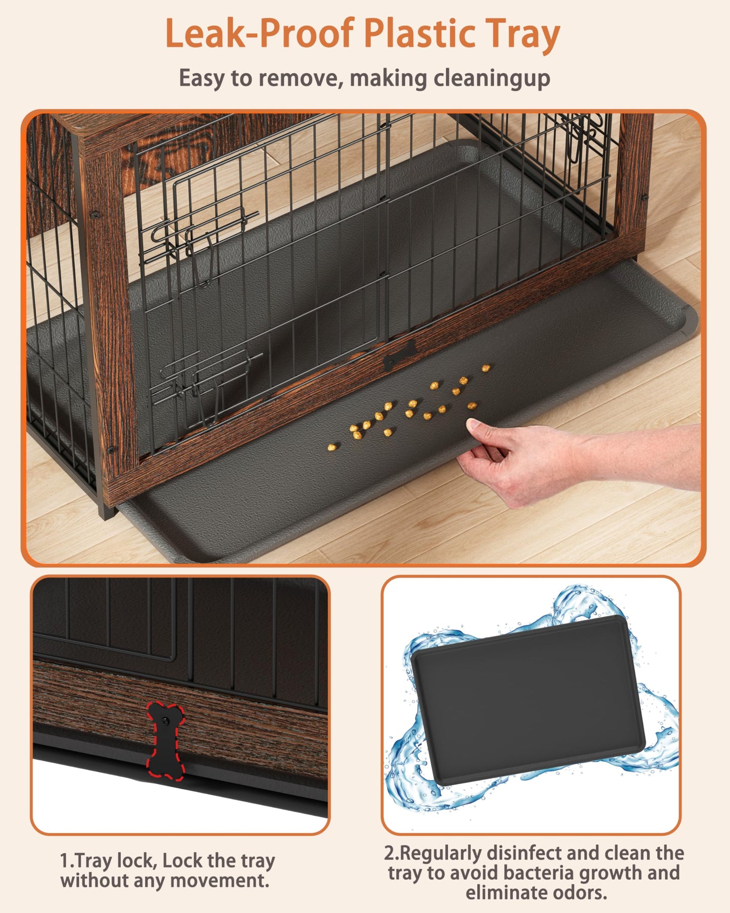 Megidok Wooden Dog Crate Furniture with Cushion, Dog Crate End Table with Tray, Double Doors Dog Crate(XL:43.1" L *28.6" W*30.3" H, Rustic Style)