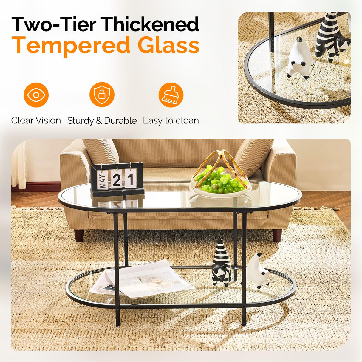 VINGLI Glass Coffee Table, 38" Oval Coffe Table for Home Decor, Modern Tea Table with 2-Tier Storage, Skinny Coffee Tables for Living Room, Office, Small Space, Black VINGLI