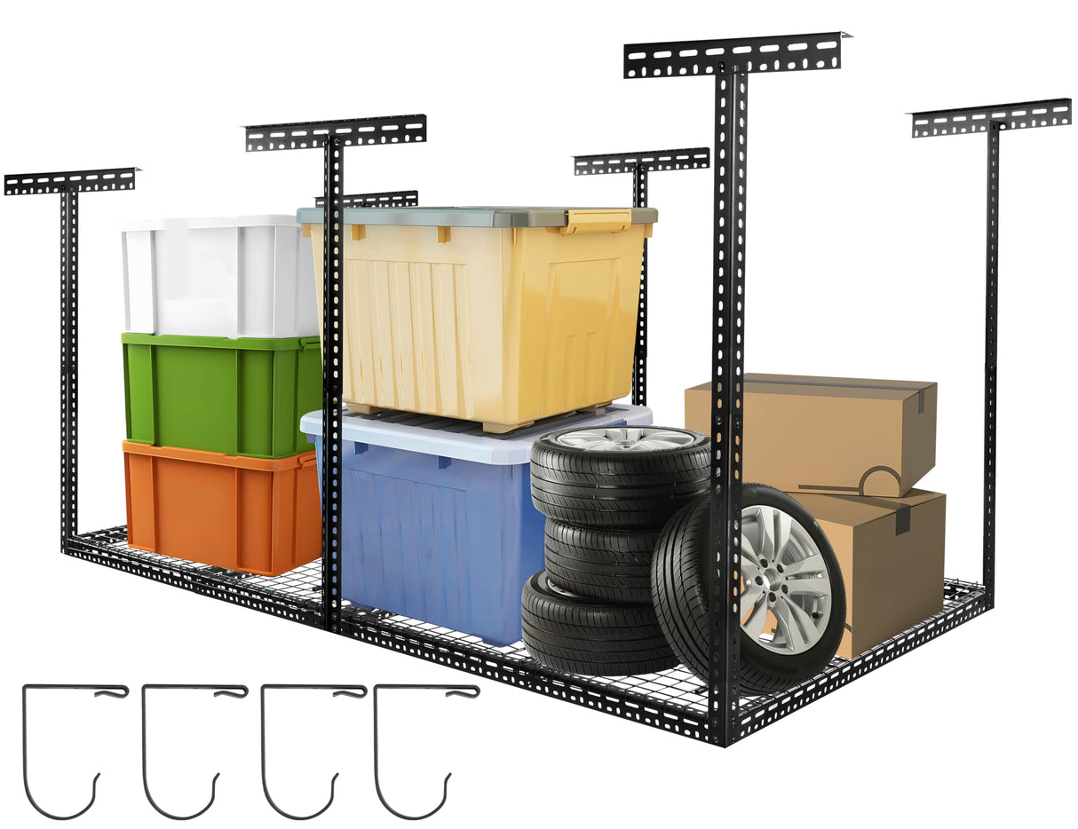 Rengue Overhead Garage Storage Rack, 4 x 8FT Height Adjustable Garage Ceiling Storage Racks, Heavy Duty Cold Rolled Steel Storage Rack for Garage, Warehouse with 4 Hooks Rengue