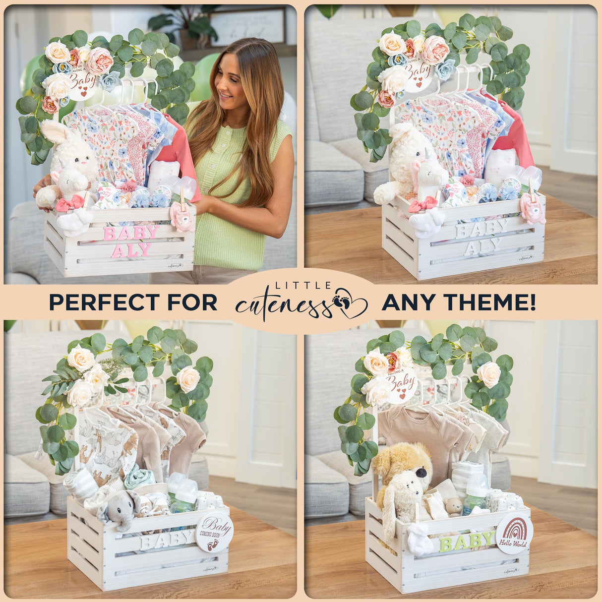 Wooden Baby Shower Crate Closet - Customizable Wooden Crate Box with Dual Rod System, Personalized Baby Shower Basket Alphabet Letters, Easy Assembly Baby Baskets for Baby Shower (Rustic White) Little Cuteness