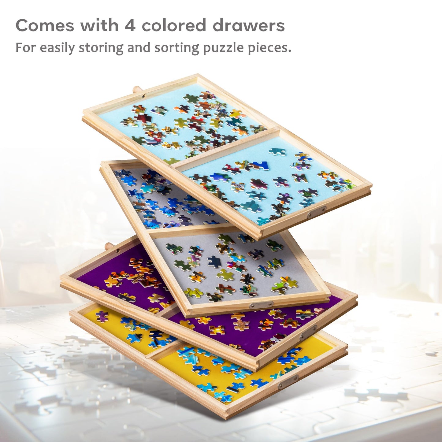 Tektalk Rotating Jigsaw Puzzle Table with Angle & Height Adjustment, Wooden Puzzle Board with Cover & 4 Colored Drawers, Tilting Puzzle Easel with Legs & 4 Roller Wheels, for Up to 1500 Piece - WoodArtSupply