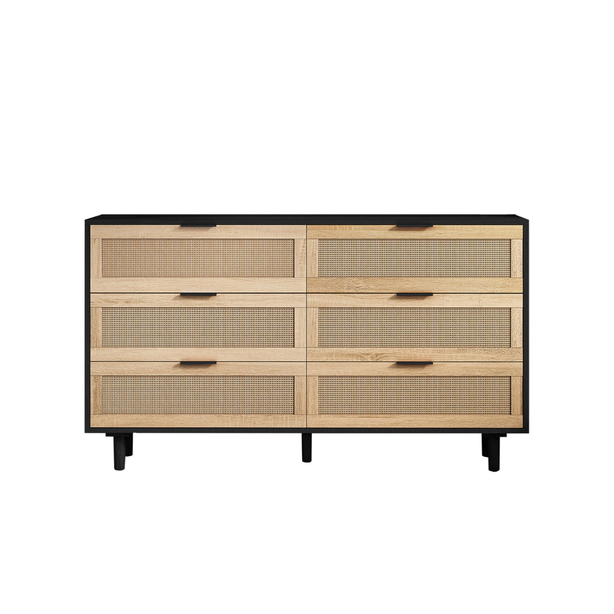 NTYUNRR 51.18" Black Rattan Dresser, 6 Drawer Double Dresser for Bedroom, Wooden Dresser Chest of Drawers, Modern Large Closet Boho Dressers Storage Cabinet, for Living Room Hallway Entryway, M NTYUNRR