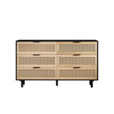 NTYUNRR 51.18" Black Rattan Dresser, 6 Drawer Double Dresser for Bedroom, Wooden Dresser Chest of Drawers, Modern Large Closet Boho Dressers Storage Cabinet, for Living Room Hallway Entryway, M NTYUNRR