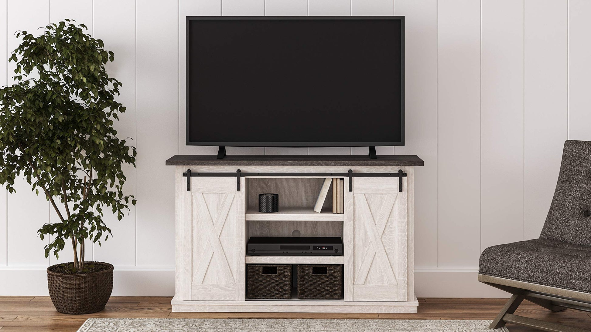 Signature Design by Ashley Dorrinson Farmhouse TV Stand Fits TVs up to 50" with Sliding Barn Doors and Storage Shelves, Whitewash & Gray - WoodArtSupply