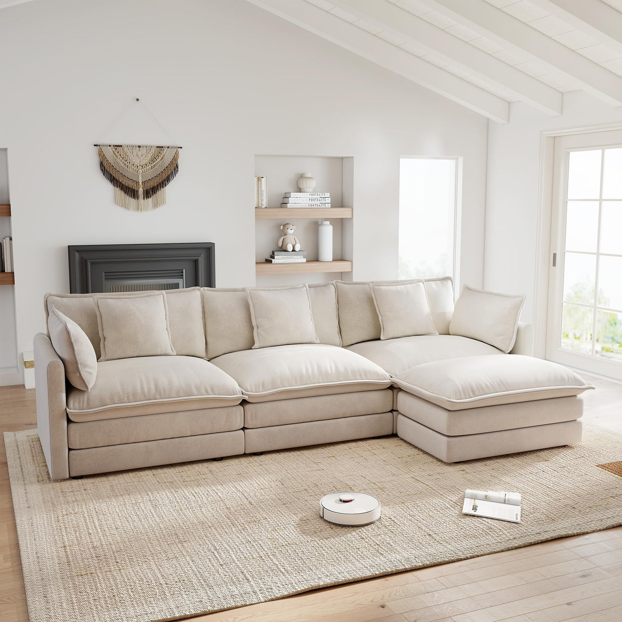 Modular Sectional Sofa, 111.53" L Shaped Chenille Comfy Sectional Couches for Living Room, 3-Seater Cloud Couches with Movable Ottomans, Flexible Combination Modern Deep Seat Sofa (Light Coffee) Ravy Concept