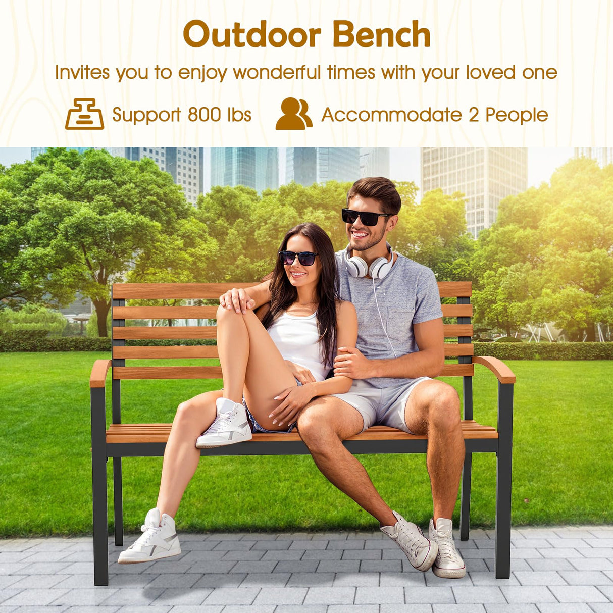 Giantex Outdoor Bench, Acacia Wood Patio Loveseat with Slatted Backrest & Seat, Armrests, Heavy Duty Metal Frame, 800 lbs Capacity, 2-Person Garden Bench for Lawn, Porch, Yard and Park Giantex