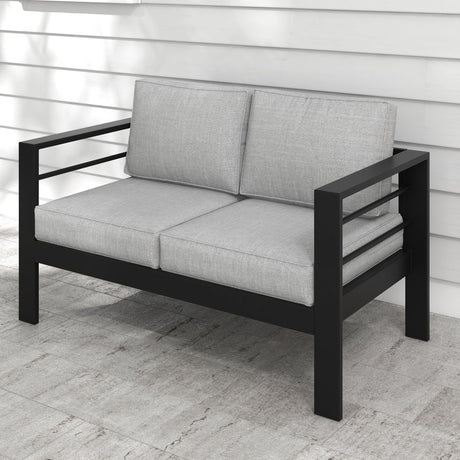 Kiss the Water Outdoor Patio Furniture Loveseat Sofa, All-Weather Metal Aluminum Patio Couch with 5" Thick and Soft Cushion and Wide Arm, Outdoor Couch for Balcony, Porch, Backyard Kiss the Water