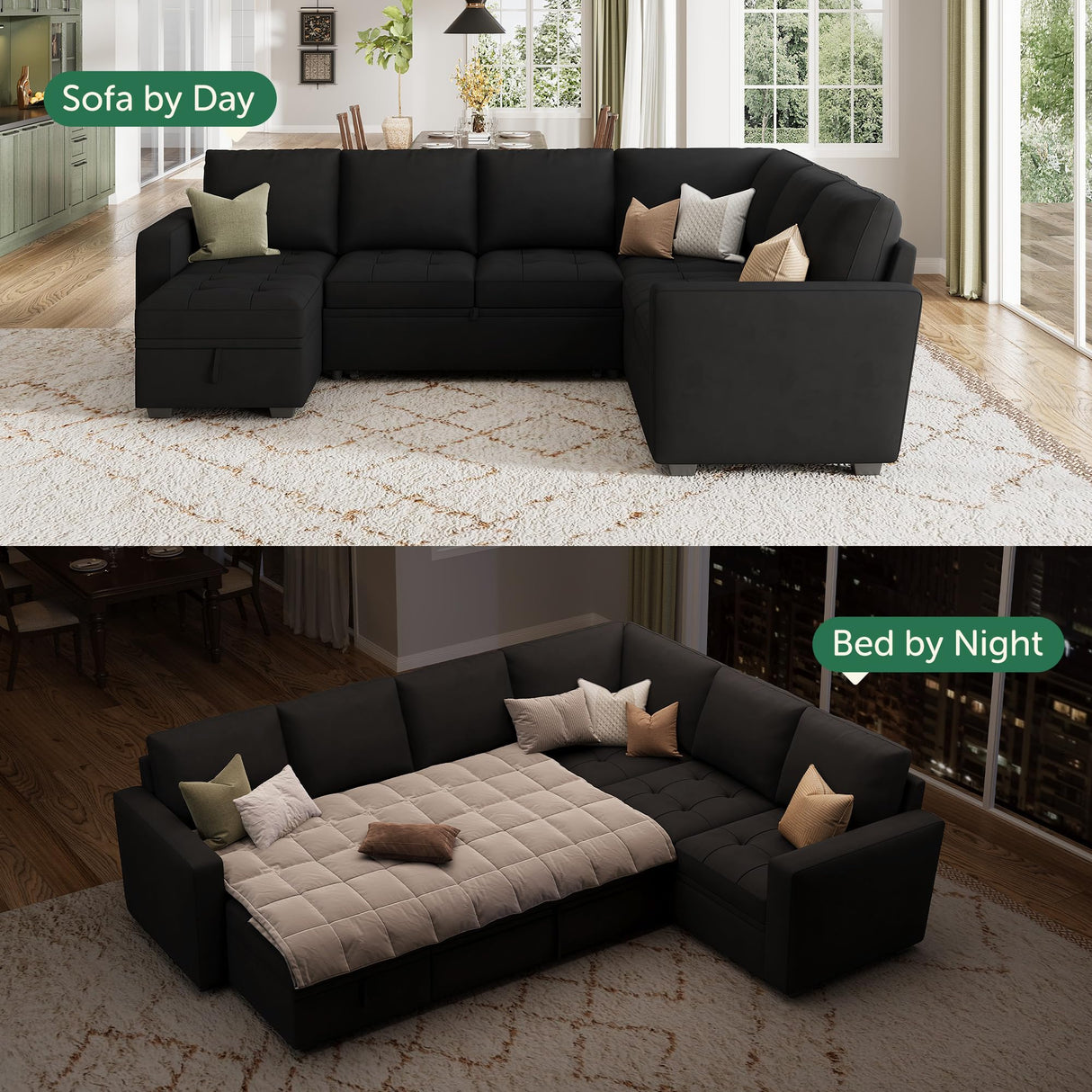 HONBAY Modular Sectional Sleeper Sofa with Pull Out Bed, Velvet Convertible L Shaped Couch with Storage Seat, Sectional Couches for Living Room, Black HONBAY