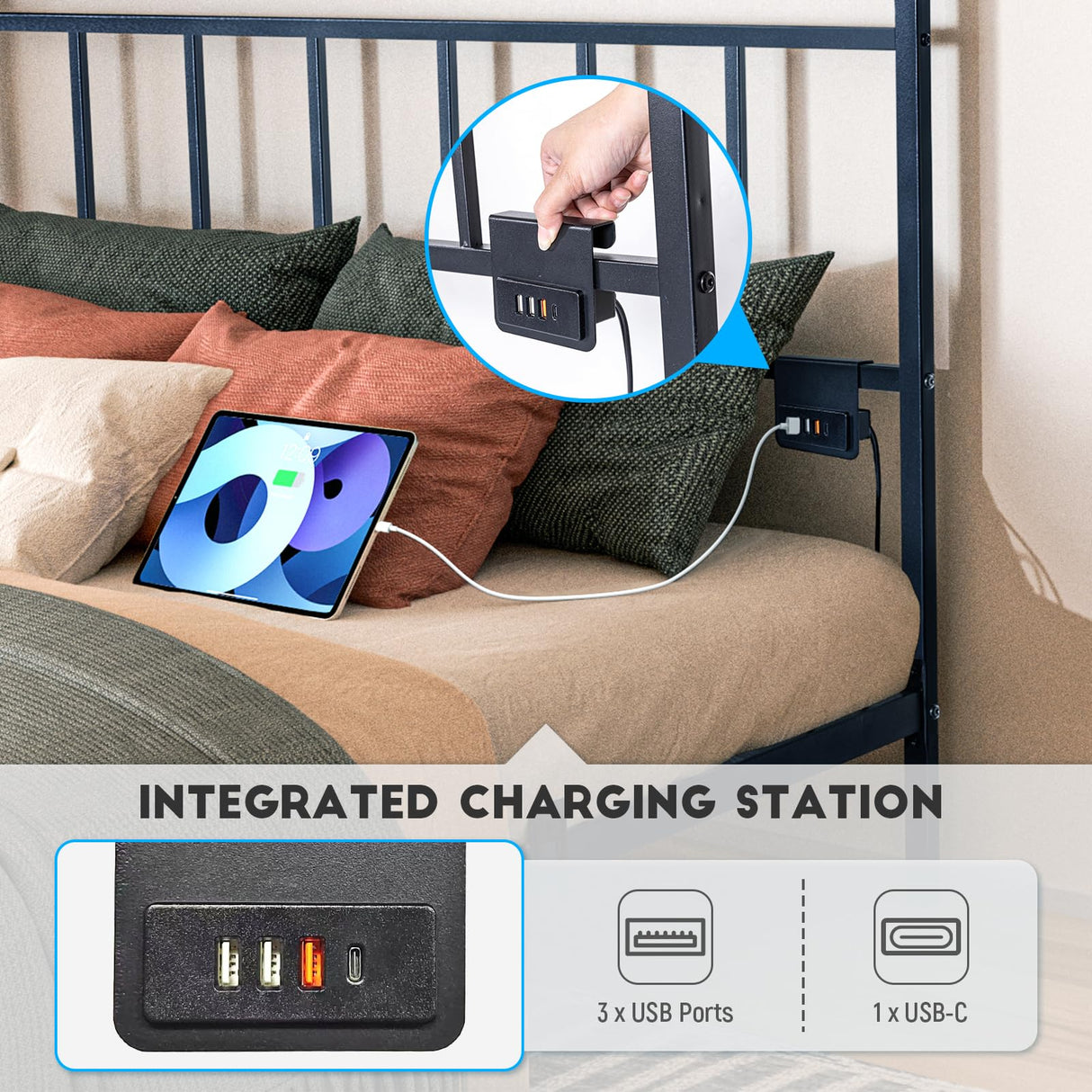 Domus Homeware Floating Queen Size Platform Bed Frame with LED Lights & Charging Station - Includes Powered Screwdriver for Assembly, Mattress Fasteners & Corner Pads, Hardened Steel Domus Homeware