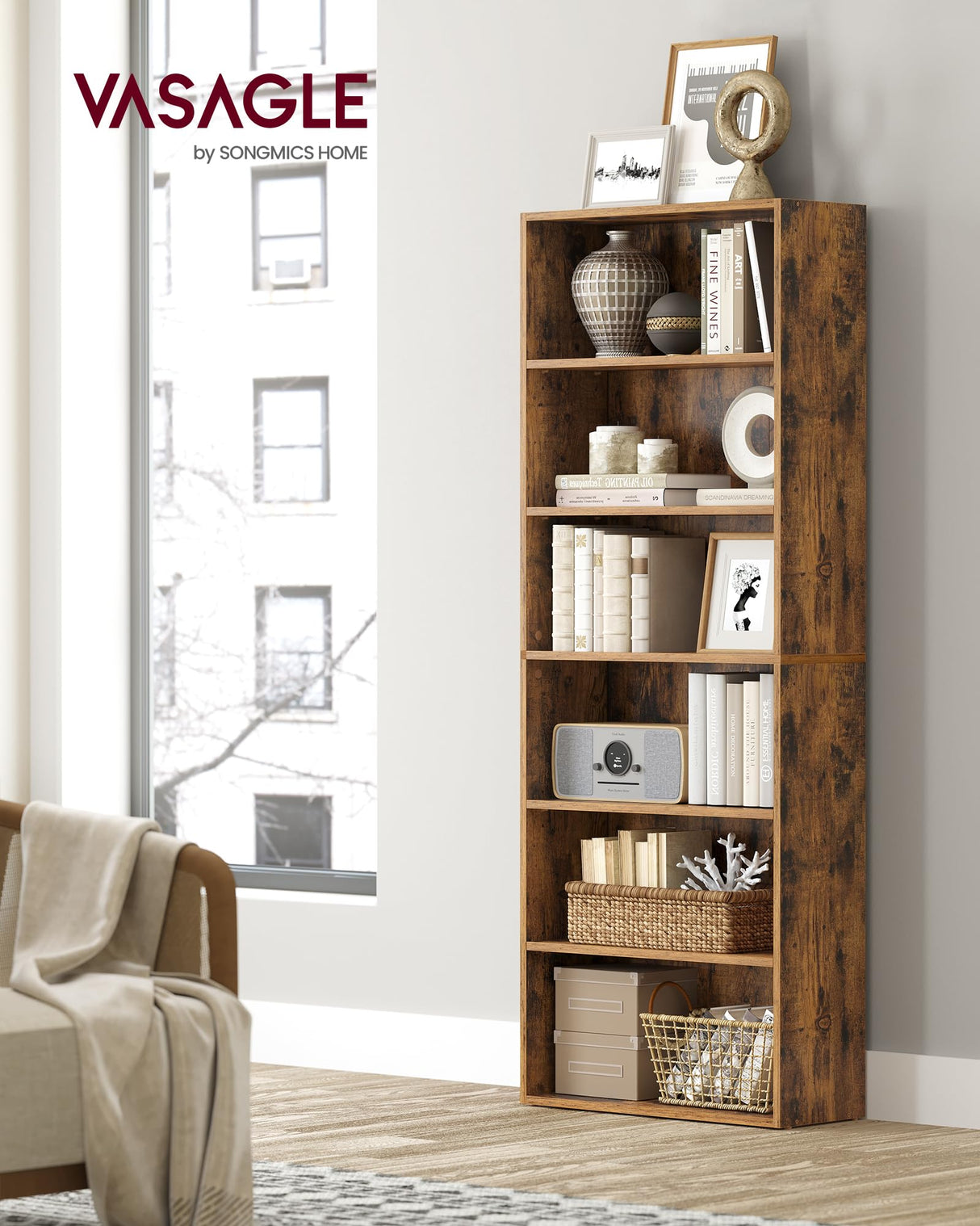 VASAGLE Rustic Brown 6-Tier Open Bookshelf with Adjustable Shelves and Anti-Tip Kit VASAGLE