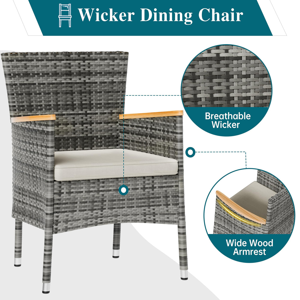 Shintenchi 7 Pieces Patio Dining Set, Wicker Patio Conversation Set with Wooden Table Top, Outdoor Table and Chairs with Soft Cushions for Backyard, Deck and Garden, Grey Rattan Shintenchi