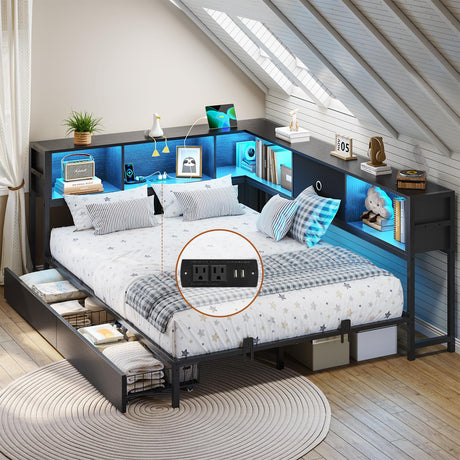 DICTAC Full Corner Bed Frame with Bookcase Storage and Led Lights Metal Platform Bed Frame Full Size with Storage Drawers & Charging Station Full Size Daybed for Living Room,Bedroom,Guest Room,Black DICTAC