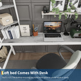 Garvee Twin Size Loft Bed with Large Desk and Storage Shelves, Heavy Duty Metal Loft Bed with Safety Guardrail and Ladder for Kids and Adults, Steel Slats Support, Space Saving, White and Gray Garvee