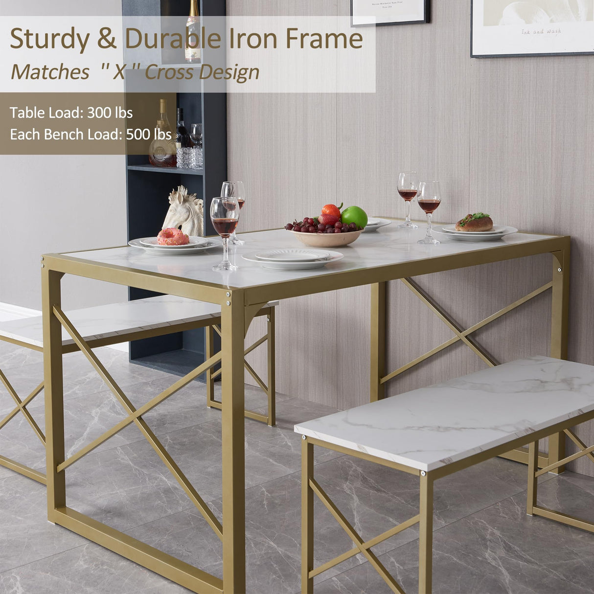 VECELO Kitchen Table with 2 Benches for 6,Wood Dining Room Dinette Sets with Metal Frame for Breakfast Nook and Small Space, 55", White&Gold VECELO