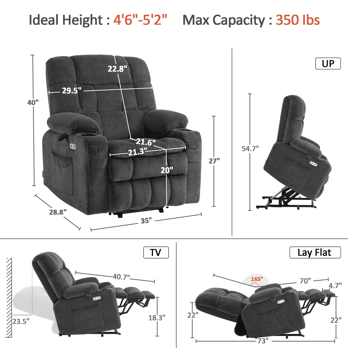 MCombo Dual Motor Power Lift Recliner Chair for Elderly, Lay Flat Lift Chair with Heat and Massage, Petite Lift Chair, Cup Holders, USB A&C Ports, Fabric 7893 (Small, Dark Gray) MCombo