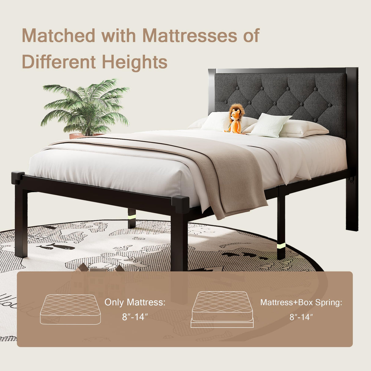 Einhomn Twin Bed Frame, Platform Metal Bed Frame with Button Tufted Linen Upholstered Headboard, Sturdy Steel Slats, 12" Underbed Storage, No Box Spring Needed, Dark Grey Einhomn