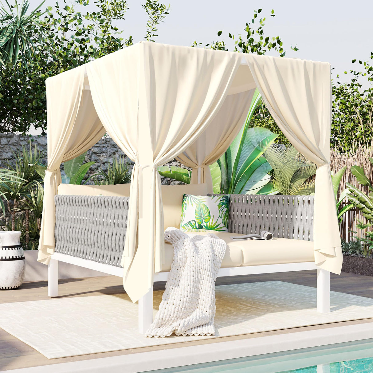 Merax Outdoor Patio Daybed with Soft Thick Cushions, Two Pillows and Curtains, Double Chaise Lounge Sunbed with Rubber Core Rope Backrest for Outside Pool,Garden,Backyard,Lawn, Beige Merax