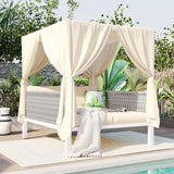 Merax Outdoor Patio Daybed with Soft Thick Cushions, Two Pillows and Curtains, Double Chaise Lounge Sunbed with Rubber Core Rope Backrest for Outside Pool,Garden,Backyard,Lawn, Beige Merax