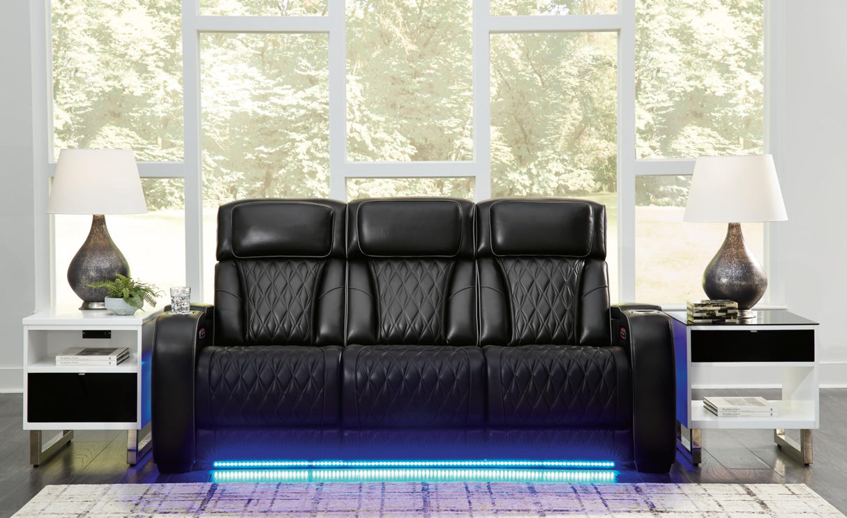 Signature Design by Ashley Boyington Contemporary Leather Match Power Reclining Sofa with Adjustable Headrest, Cup Holder, USB Charging Ports, Air Massage System and LED Lighting, Black Signature Design by Ashley