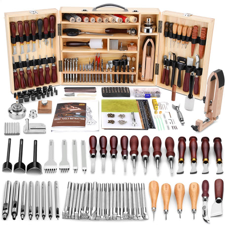 BUTUZE Leather Working Kit, Boxed Leather Tooling Kit, Leather Crafting Tool Kit, Cutting, Punching, Carving, Heavy Duty Leather Sewing Kit Professional Leather Working Tools and Supplies BUTUZE