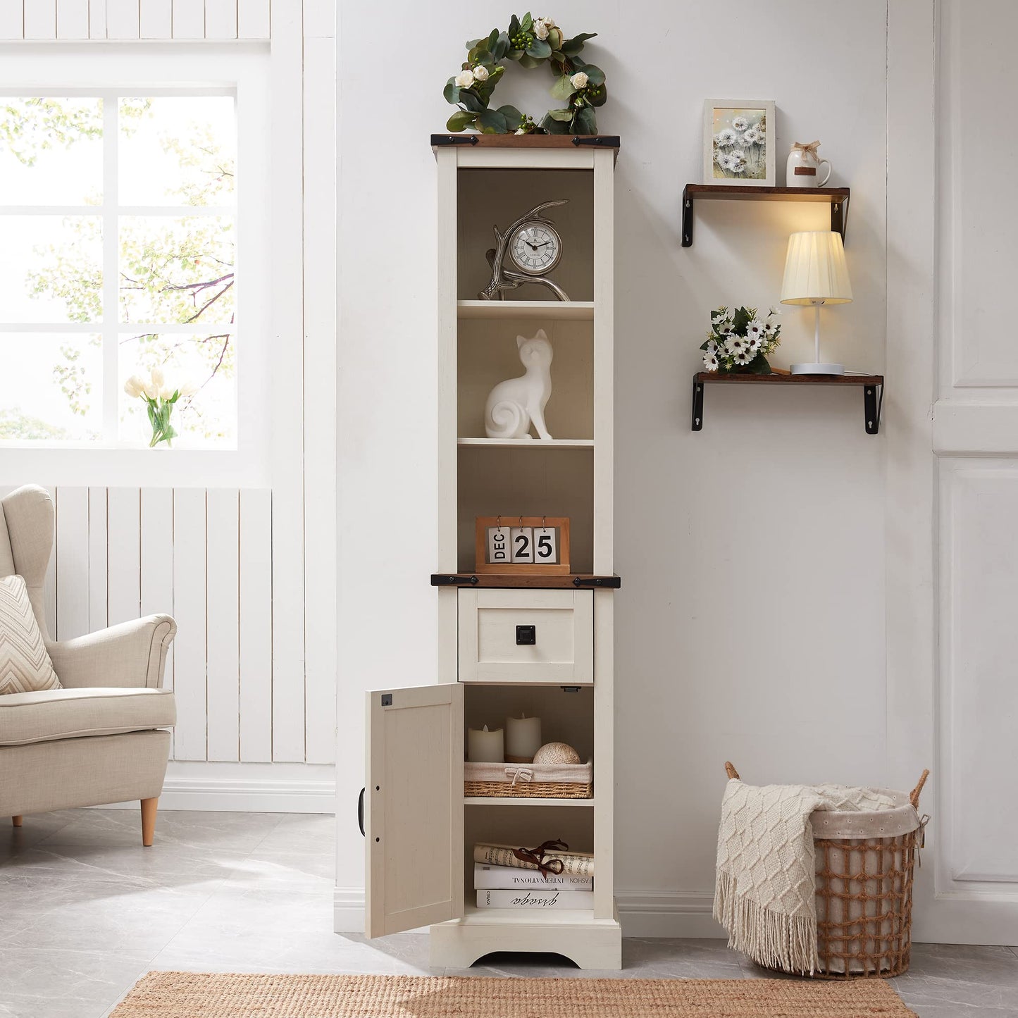 OKD Bathroom Storage Cabinet, Farmhouse Storage Cabinet with Adjustable Shelves & Storage Drawer, Tall Linen Tower for Bathroom, Living Room, Rustic Oak with Antique White