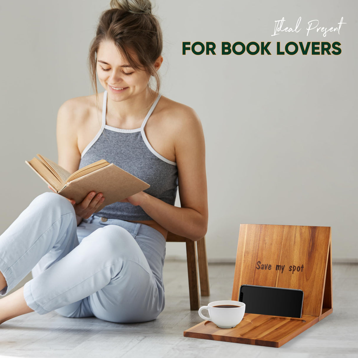 NAGAWOOD Triangle Book Holder, Book Rest, Acacia Foldable Book Nook Reading Valet, Triangle Book Stand with Cup, Pen, Glasses and Phone Holder for Bedroom, Nightstand or Office, Gifts for Book Lover NAGAWOOD