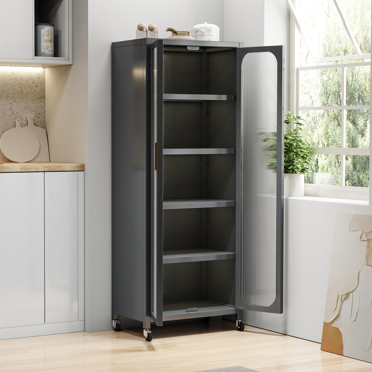 Runboll Kitchen Pantry Storage Cabinet, 6 Tier Metal Sideboard with Wheels and Acrylic Glass Door, Modern Display Curio Cabinet Bookcase Runboll