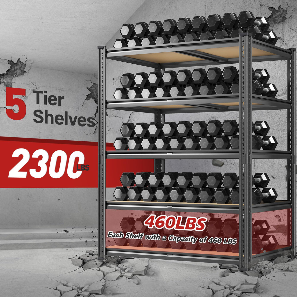 REIBII 72" H Storage Shelves 2300LBS Heavy Duty Garage Shelving Adjustable 5 Tier Garage Storage for Garage Kitchen Basement Industrial Metal Shelf Organizer Black REIBII