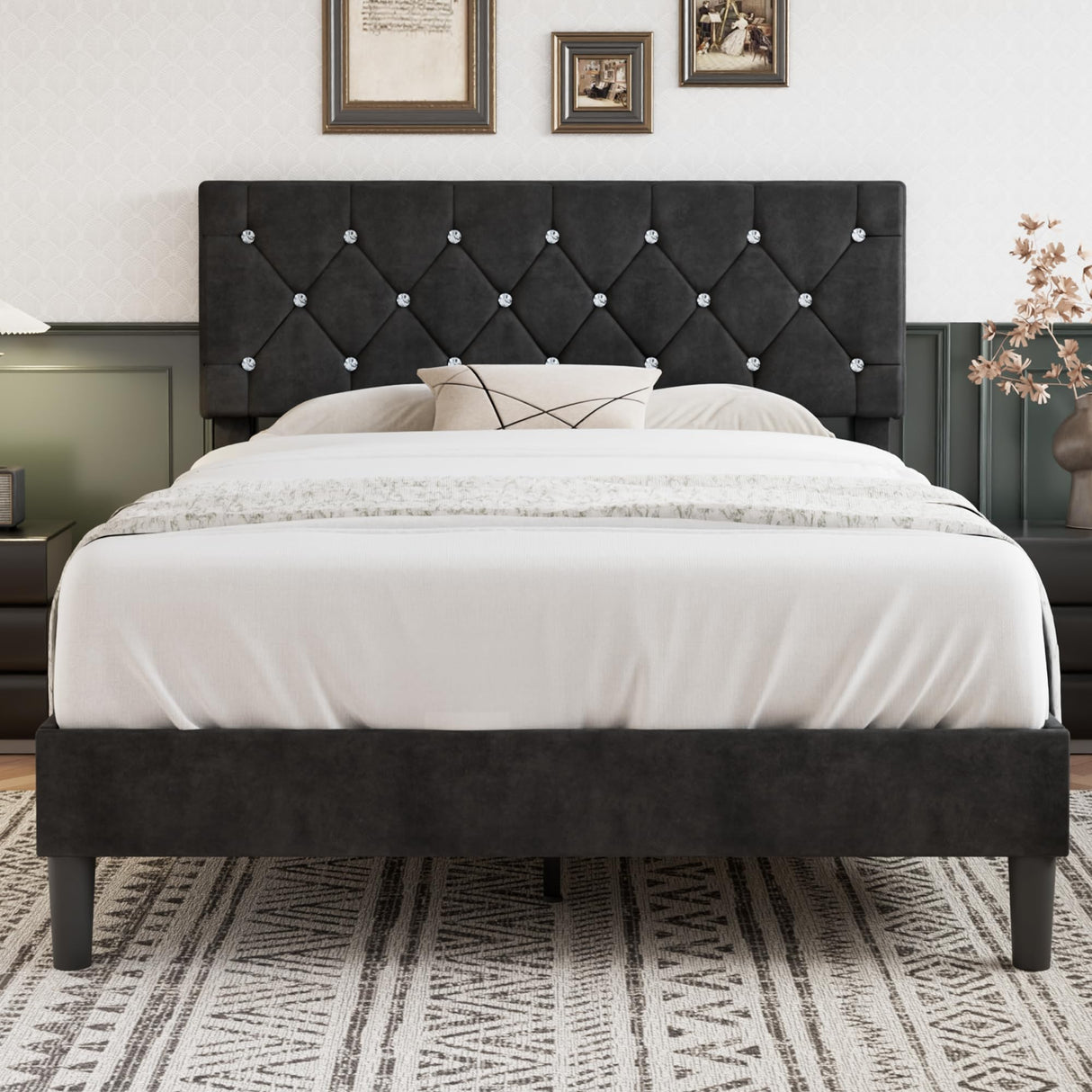 VECELO Full Size Bed Frame with Diamond Tufted Headboard, Upholstered Platform Bedframe with Wood Slat Support, No Box Spring Needed, Velvet & Black VECELO