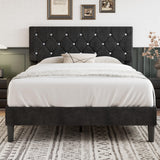 VECELO Full Size Bed Frame with Diamond Tufted Headboard, Upholstered Platform Bedframe with Wood Slat Support, No Box Spring Needed, Velvet & Black VECELO