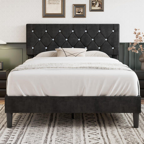 VECELO Full Size Bed Frame with Diamond Tufted Headboard, Upholstered Platform Bedframe with Wood Slat Support, No Box Spring Needed, Velvet & Black VECELO