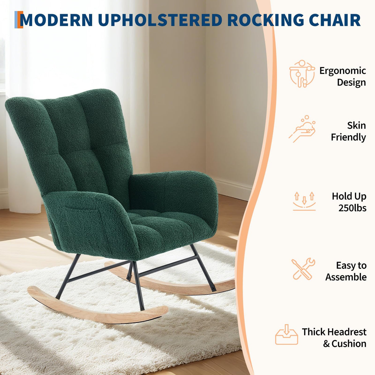 Rocking Chair Nursery Teddy, Upholstered Baby Fluffy Glider Rocker for Adults Small Spaces Indoor, Nursing Chairs for Living Room, Bedroom, Classroom(DarkGreen) GarveeHome