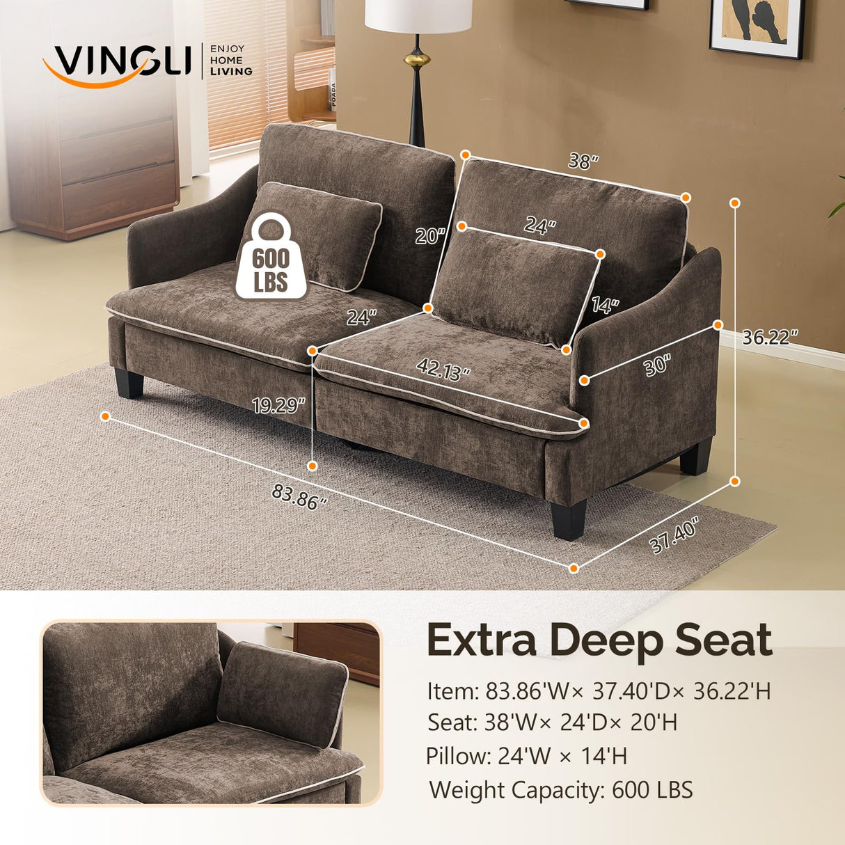 VINGLI 84" Oversized Comfy Two Seat Love Seat, 37" Extra Deep Seat Piping Design Loveseat Couch with Two Pillows, Linen Fabric Modern Small Sofa for Small Living Room, Bedroom, Brown VINGLI